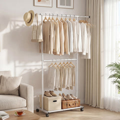 Rolling Clothes Rack Double-Rod Extendable Garment Stand for Hanging Clothes