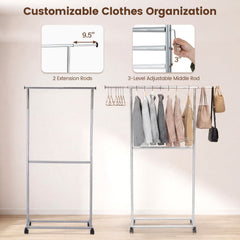 Rolling Clothes Rack Double-Rod Extendable Garment Stand for Hanging Clothes