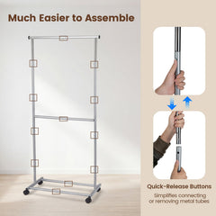Rolling Clothes Rack Double-Rod Extendable Garment Stand for Hanging Clothes