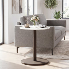 Round Marble Side Table Pedestal End Table with Stone Finish and Wooden-Black & White