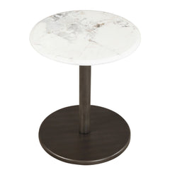 Round Marble Side Table Pedestal End Table with Stone Finish and Wooden-Black & White