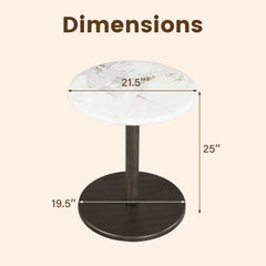Round Marble Side Table Pedestal End Table with Stone Finish and Wooden-Black & White