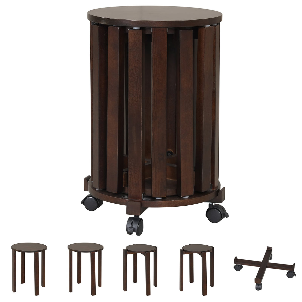 Set of 4 Round Nesting Stools with Rolling Base, Walnut Rubber Wood, Stack to 24 Inch Column
