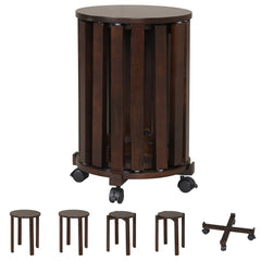 Set of 4 Round Nesting Stools with Rolling Base, Walnut Rubber Wood, Stack to 24 Inch Column