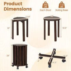 Set of 4 Round Nesting Stools with Rolling Base, Walnut Rubber Wood, Stack to 24 Inch Column