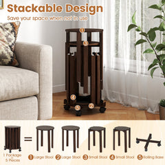 Set of 4 Round Nesting Stools with Rolling Base, Walnut Rubber Wood, Stack to 24 Inch Column