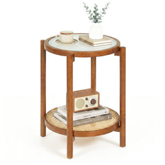 Round Side Table 2-Tier Boho End Table with Tempered Glass Top-Walnut