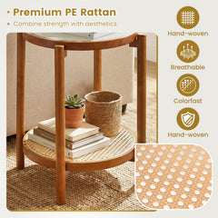 Round Side Table 2-Tier Boho End Table with Tempered Glass Top-Walnut