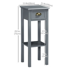 2 Tier Side Table, Set of 2, Narrow Tall End Table with Drawer and Shelf, Slim Wooden Nightstand for Living Room, Bedroom, Hallway, White