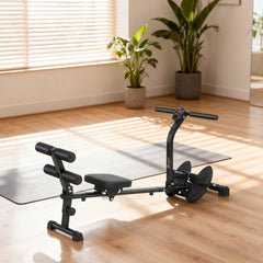Hydraulic Rowing Machine with LCD Monitor, Sit-Up Function for Home Gym, Black