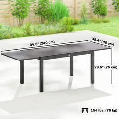 Expandable Outdoor Dining Table, 55"-95" Patio Table with Tempered Glass Top and Aluminum Frame, Black