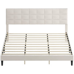 Queen Size Bed Frame with Upholstered Headboard, Modern Platform Bed Frame with Wood Slats, 1100 lbs Capacity, Cream