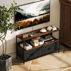 TV Stand with Charging Station, TV Table with 2 Foldable Linen Drawers and Open Shelf for 47 Inch Television, Black