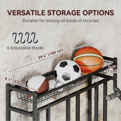 4 Bicycle Bike Stand, Metal Floor Bike Storage Rack with Basket, Hooks, Indoor Outdoor Bicycle Stand, Black