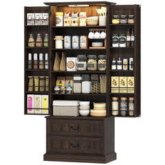 72" LED Kitchen Pantry Cabinet, Buffet Storage Cabinet with 10 Door Shelves, 2 Drawers and Adjustable Shelves, Black