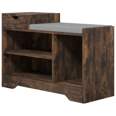 Upholstered Shoe Storage Bench, Hallway Shoe Storage with Seat, Drawer, 3 Open Shelves for Entryway, Grey