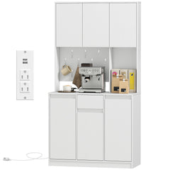 71" Pantry Cabinet with Charging Station, Kitchen Storage Cabinet with Microwave Stand, Pegboard, 6 S-hooks, Black