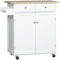 Rolling Kitchen Island with Storage, Kitchen Cart with Rubber Wood Top, Adjustable Shelf, Towel Rack, Hooks and Storage Drawers, White