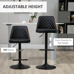 Modern Bar Stools PU Leather Set of 2 Swivel Bar Height Barstools Chairs with Adjustable Height, Round Heavy Metal Base and Footrest, Black