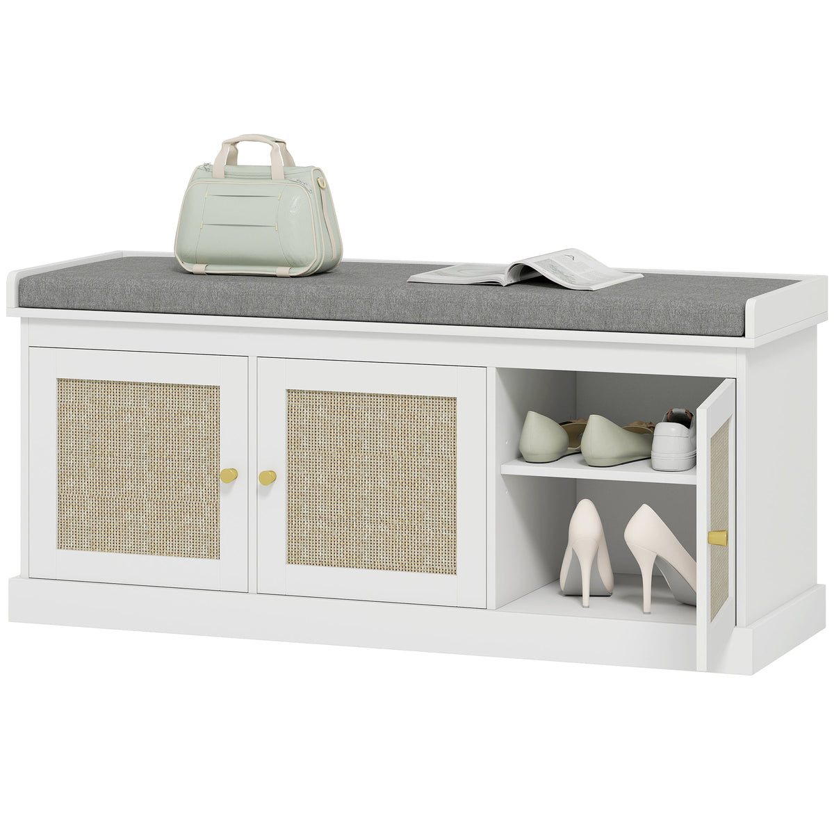 Shoe Storage Bench with Woven Rattan Doors, Shoe Bench with Cushion, Adjustable Shelves, Entryway Bench, White