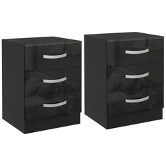 Bedside Table Set of 2, Modern Nightstand with Drawers and High Gloss Fronts, Night Table for Bedroom, Black