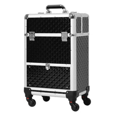 Portable Aluminum Makeup Train Cases, Rolling Makeup Case, Salon Beauty Cosmetic Jewelry Organizer Trolley with 4 Wheels, Black