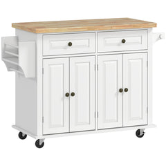 Kitchen Island with Storage, Rolling Trolley Cart with Rubber Wood Top, Spice Rack, Towel Rack, Brown Oak