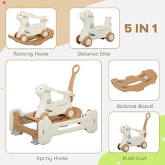 5 in 1 Rocking Horse for Toddlers 1-6 Years with Balance Board, Push Handle, 4 Smooth Wheels, Brown