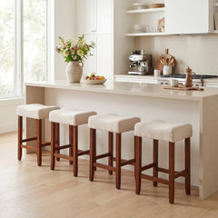 Set of 2 Backless Saddle Bar Stools with Nailhead Trim in Off White, 25 Inch Seat