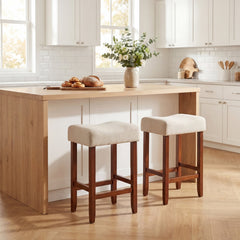 Set of 2 Backless Saddle Bar Stools with Nailhead Trim in Off White, 25 Inch Seat