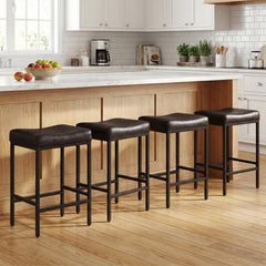 Set of 2 Backless Saddle Counter Stools in Brown with Black Metal Frames, 25 Inch