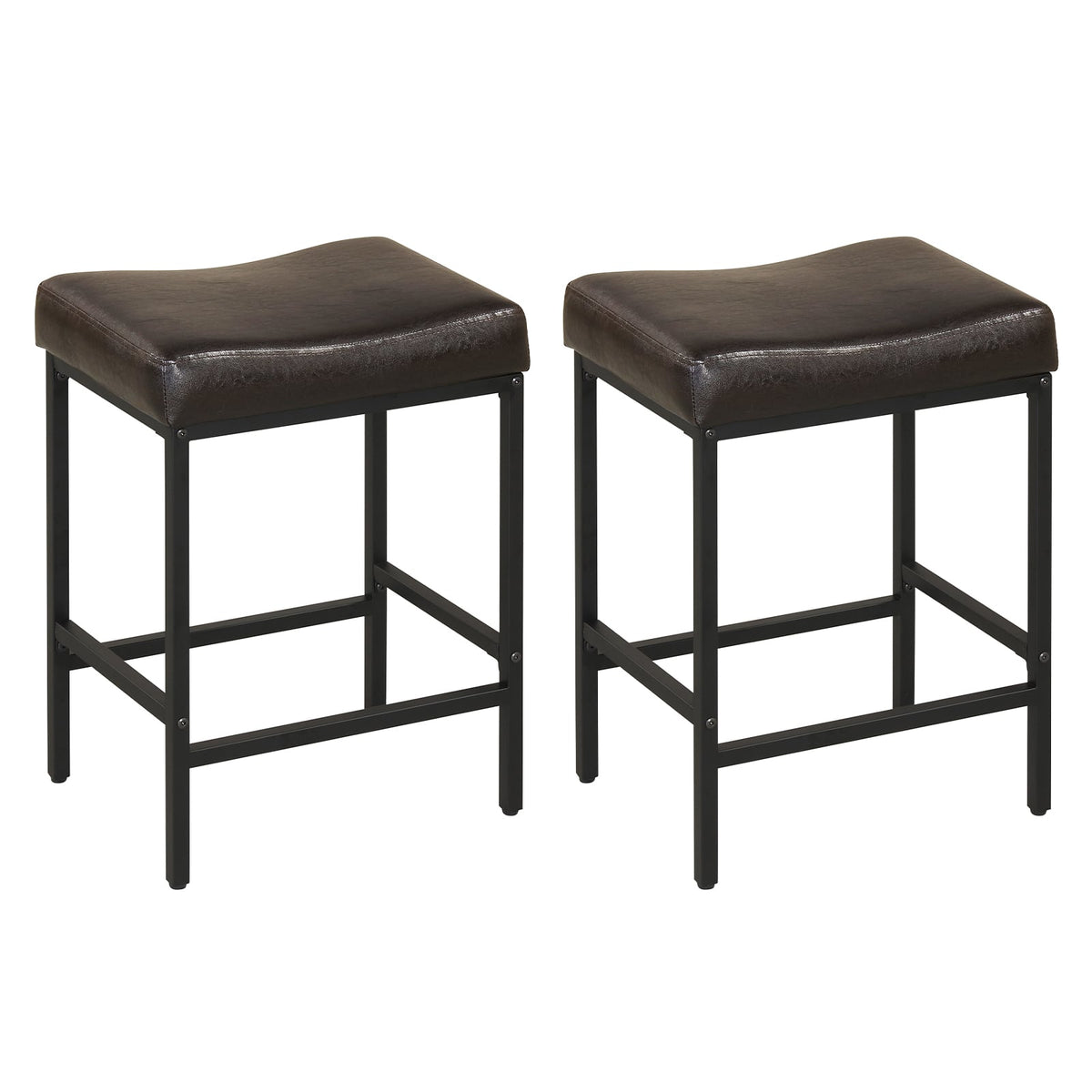 Set of 2 Backless Saddle Counter Stools in Brown with Black Metal Frames, 25 Inch