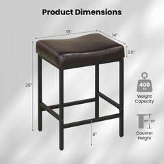 Set of 2 Backless Saddle Counter Stools in Brown with Black Metal Frames, 25 Inch