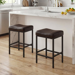 Set of 2 Backless Saddle Counter Stools in Brown with Black Metal Frames, 25 Inch