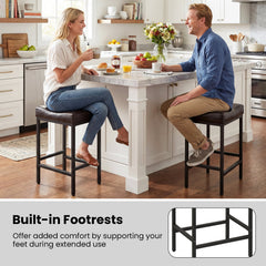 Set of 2 Backless Saddle Counter Stools in Brown with Black Metal Frames, 25 Inch