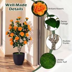 Set of 2 39.5 inches Artificial Camellia Tree with Orange Blossoms in Cement Pot for Decoration-Orange