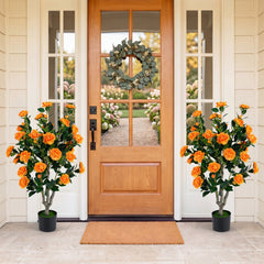 Set of 2 39.5 inches Artificial Camellia Tree with Orange Blossoms in Cement Pot for Decoration-Orange