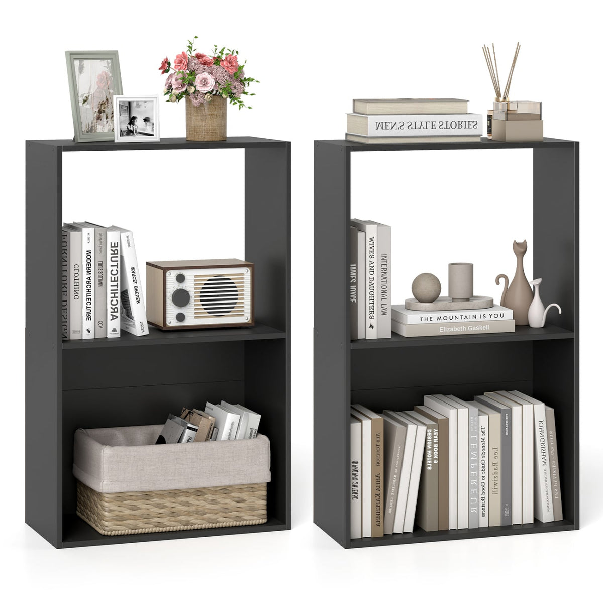 Set of 2 3-Tier Bookshelf with Open Storage Compartment and Freestanding Display Shelf-Black
