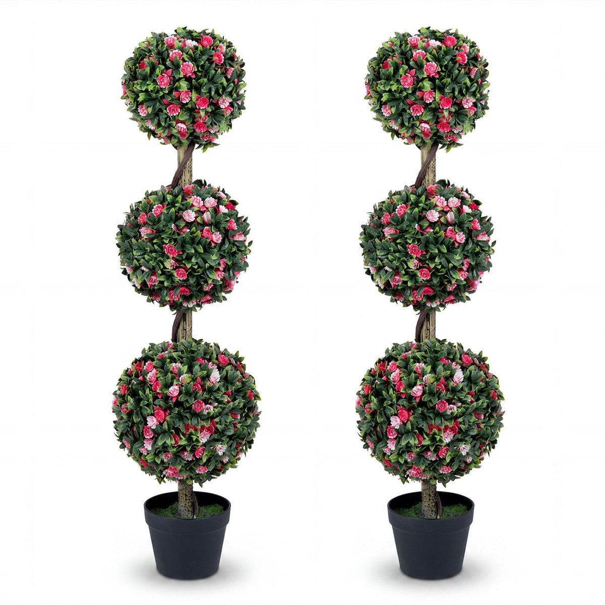 Set of 2 43.5 inches Artificial Triple Ball Rose Topiary Tree with Lifelike Blooms and Green Leaves