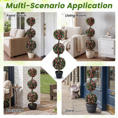 Set of 2 43.5 inches Artificial Triple Ball Rose Topiary Tree with Lifelike Blooms and Green Leaves
