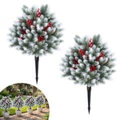Set of 2 Artificial Cedar Topiary with Ground Spikes for Porch Patio Winter Decoration