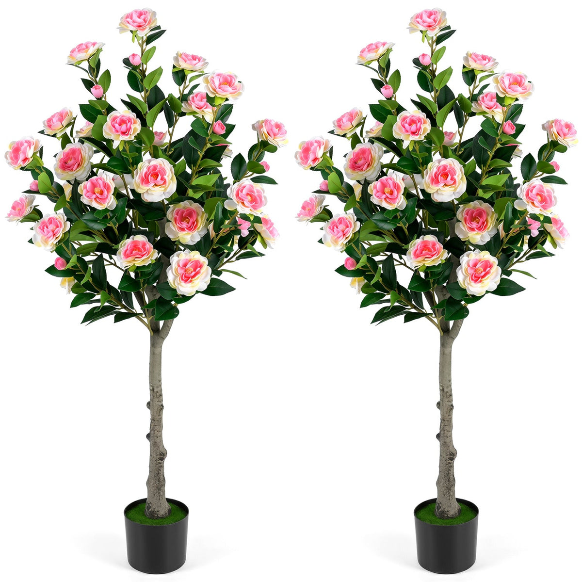 Set of 2 Artificial Camellia Tree with 27 Blossoms in Cement Pot for Home