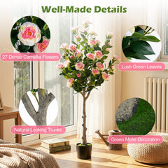 Set of 2 Artificial Camellia Tree with 27 Blossoms in Cement Pot for Home