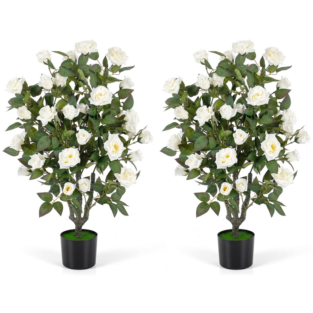 Set of 2 Artificial Rose Tree with Blooming Flowers and Green Leaves for Indoor-White