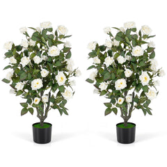 Set of 2 Artificial Rose Tree with Blooming Flowers and Green Leaves for Indoor-White