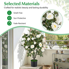 Set of 2 Artificial Rose Tree with Blooming Flowers and Green Leaves for Indoor-White