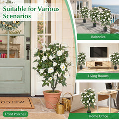 Set of 2 Artificial Rose Tree with Blooming Flowers and Green Leaves for Indoor-White
