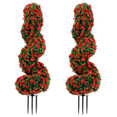 Set of 2 Artificial Spiral Topiary Trees with Sun Protection and Ground Spikes-Red