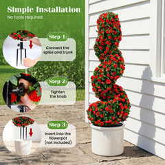 Set of 2 Artificial Spiral Topiary Trees with Sun Protection and Ground Spikes-Red