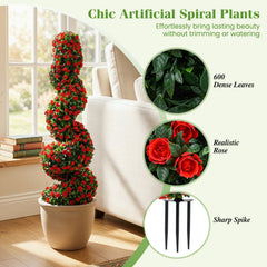 Set of 2 Artificial Spiral Topiary Trees with Sun Protection and Ground Spikes-Red